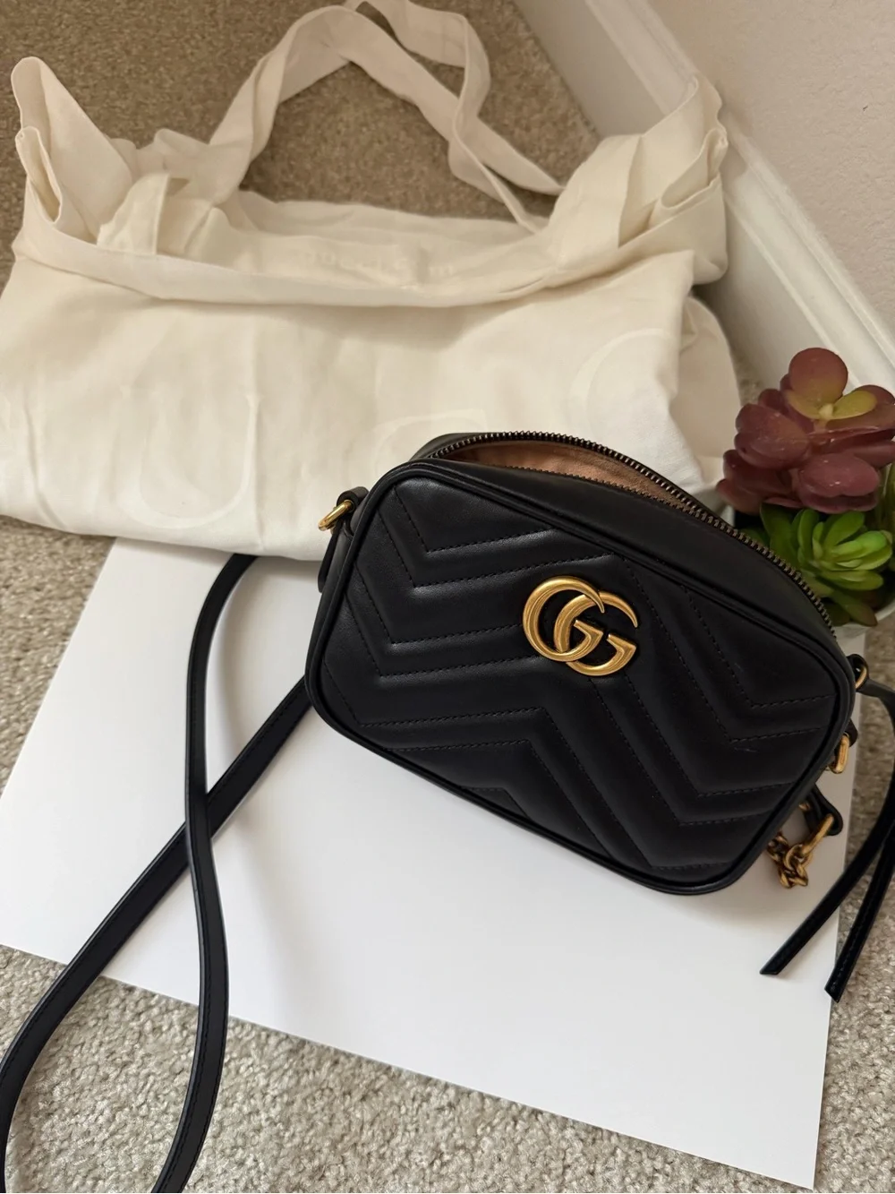 Authentic Gucci GG Marmont Small Camera Bag | Black Matelassé Leather | Excellen